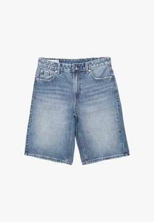 Light blue denim shorts with front button, zipper, and five-pocket design, laid flat on white background.