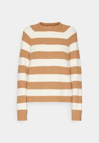 Sweter w paski z naprzemiennymi szerokimi beżowymi i kremowymi pasami, z okrągłym dekoltem, ściągaczami na mankietach i dole, wykonany z miękkiego materiału tekstylnego.