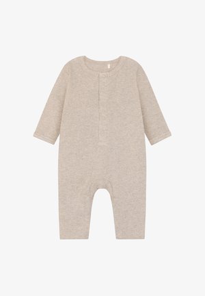 Body beige a coste con maniche lunghe, scollo alla henley e bottoni a pressione, con fondo aperto per un cambio facile. Tessuto morbido.