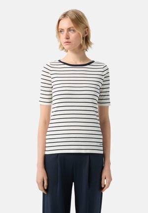 Striped short-sleeve top in cream and navy, featuring a rounded neckline and a slim fit. Soft cotton fabric with a smooth texture.