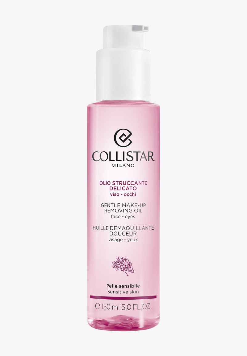 Roze flesje Collistar milde make-up verwijderolie, 150 ml, met een witte pompdeksel. Bevat zwarte en paarse tekst die het gebruik en het huidtype beschrijft.