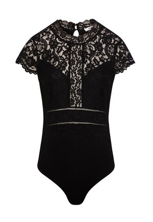 Body en dentelle noire à manches courtes, col montant, motif floral en dentelle, et panneaux en résille sur la poitrine et la taille.