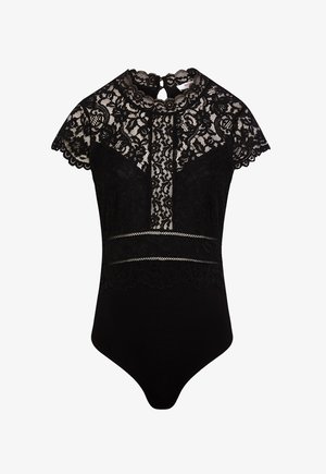 Body en dentelle noire à manches courtes, col montant, motif floral en dentelle, et panneaux en résille sur la poitrine et la taille.