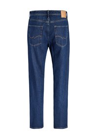 Dark blue denim jeans with high waist, straight legs, two back pockets with curved stitching, and a tan leather brand patch on the waistband.