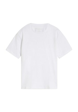 Schlichtes weißes kurzärmeliges Baumwoll-T-Shirt mit rundem Halsausschnitt, flach auf weißem Hintergrund dargestellt.