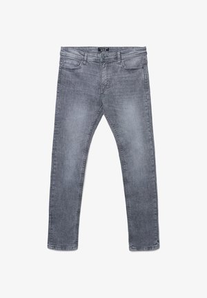 Jeans in denim grigio con vestibilità slim, design a cinque tasche e dettagli di cucitura visibili. Presentano una chiusura con bottone e zip in vita.