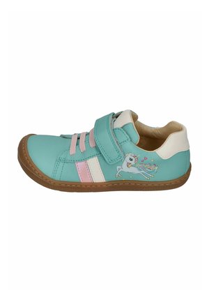 Light blue children's sneaker with pink laces, Velcro strap, white heel, and a unicorn graphic on the side.