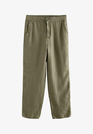 Pantalon en lin vert olive avec taille élastique, fermeture par bouton, cordon de serrage et poches latérales, présenté sur fond blanc.