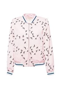 Světle růžová bomber bunda se zipem vpředu, zdobená vzorem malých černých ptáků. Hladké manžety s modro-bílými pruhy. Hladká textura.