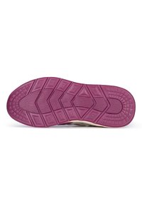 Athletic shoe sole in purple rubber with textured pattern; features hexagonal and rectangular shapes for grip and stability.