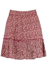 Červená sukně s malým bílým potiskem sedmikrásek, elastický pas a volánový lem.