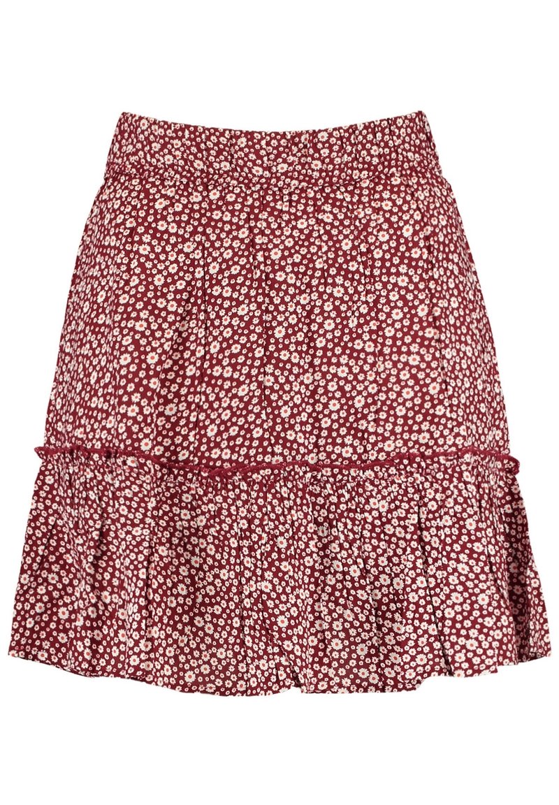 Červená sukně s malým bílým potiskem sedmikrásek, elastický pas a volánový lem.