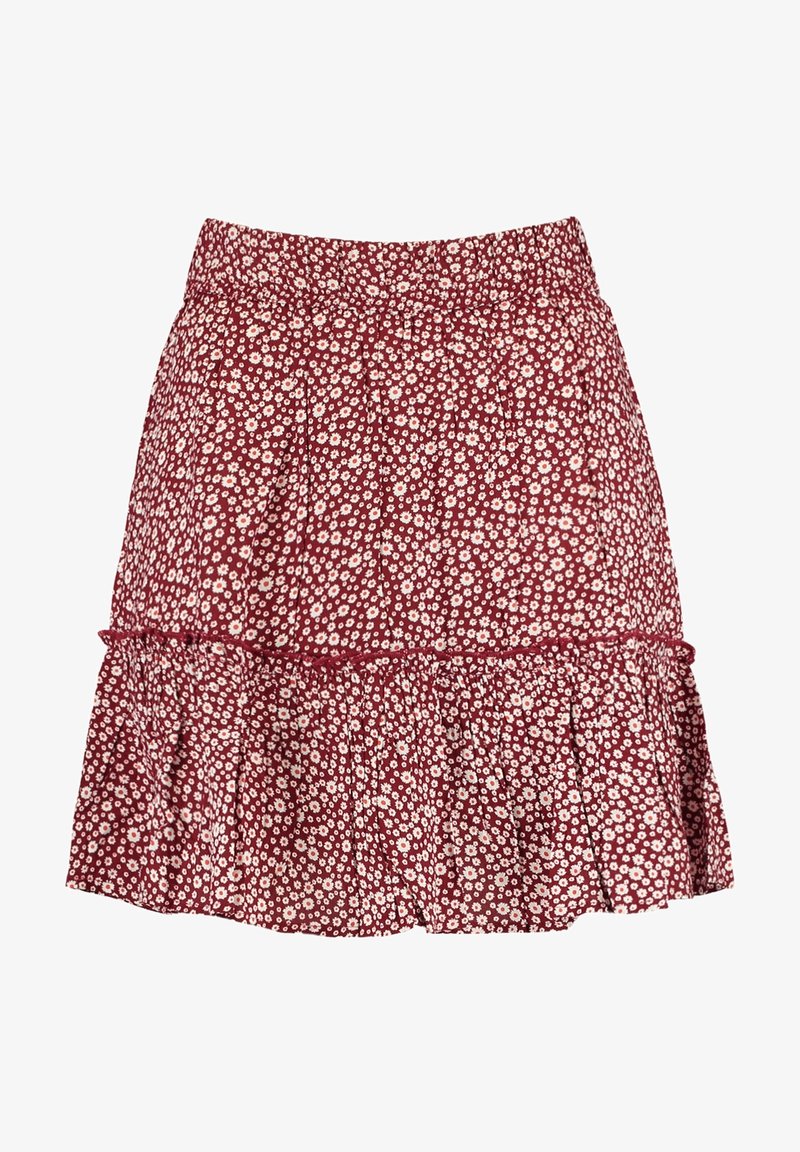 Červená sukně s malým bílým potiskem sedmikrásek, elastický pas a volánový lem.