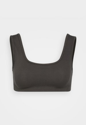 Bralette grigio a coste con spalline larghe e scollatura quadrata. Presenta un design senza cuciture e una texture morbida per il massimo comfort.
