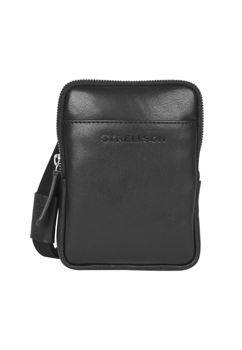 Borsa a tracolla nera in pelle con chiusura zip, forma rettangolare, logo impresso sul davanti e finitura texturizzata.
