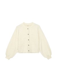 Cardigan en crème flou avec un col rond, fermeture à boutons, et poignets et ourlet côtelés. Présente une surface extérieure texturée et trois boutons.