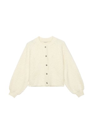 Fuzzy crème kleurige cardigan met een ronde halslijn, knoopsluiting en geribde mouwen en zoom. Kenmerkt zich door een textuur aan de buitenzijde en drie knopen.