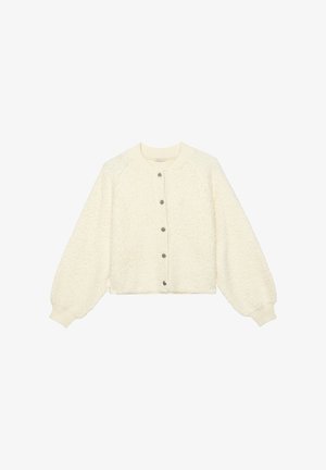 Fuzzy crème kleurige cardigan met een ronde halslijn, knoopsluiting en geribde mouwen en zoom. Kenmerkt zich door een textuur aan de buitenzijde en drie knopen.