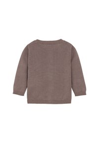 Brun strikket sweater, rund halsudskæring, lange ærmer, ribbede manchetter og kant, struktureret stof, enkelt design, ingen mønstre eller accenter.