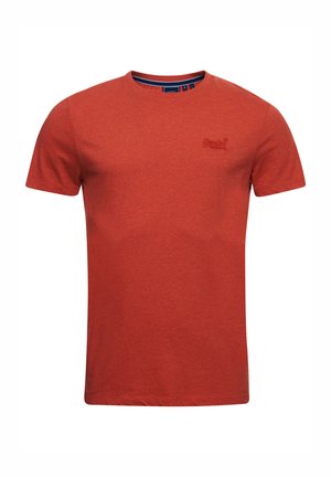 T-shirt rossa a maniche corte in cotone; presenta un collo rotondo e un ricamo del logo delicato sul petto; texture liscia.