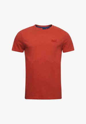 Rode T-shirt met korte mouwen van katoen; voorzien van een ronde hals en subtiele logo-geborduurde op de borst; gladde textuur.