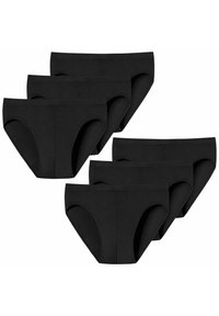 Sechs Paar schwarze Baumwollunterhosen in kurzer Form mit glatter Oberfläche, elastischem Bund und einem schlichten Design ohne Muster oder Verzierungen.