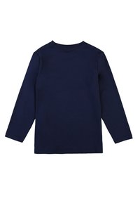 Maglietta a maniche lunghe di colore blu navy scuro, in cotone, con scollatura rotonda, texture liscia e senza motivi o dettagli visibili. Vista posteriore semplice.