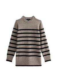 Beige sweater med sorte vandrette striber, rund halsudskæring, lange ærmer og ribbede manchetter og kant. Blød tekstur og løsthængende pasform.
