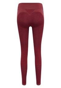 Leggings bordeaux con una vita alta, motivi testurizzati sulle cosce e un accentuato triangolo vicino alla vita.