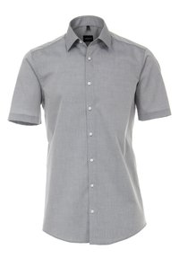 Koszula krótko rękawowa z guzikiem w jasnoszarym materiale. Posiada tradycyjny kołnierzyk, guziki z przodu oraz prosty dół. Gładka faktura.