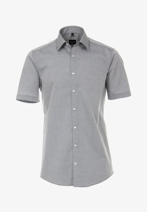 Kortærmet, knap-op skjorte i lysegrå stof. Har en traditionel krave, frontknapper og en lige kant. Glat tekstur.