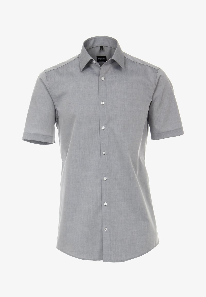 Koszula krótko rękawowa z guzikiem w jasnoszarym materiale. Posiada tradycyjny kołnierzyk, guziki z przodu oraz prosty dół. Gładka faktura.