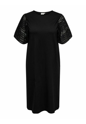 Black dress with short, puffed sleeves featuring a lace-like pattern. The body is a smooth fabric without embellishments or accents.