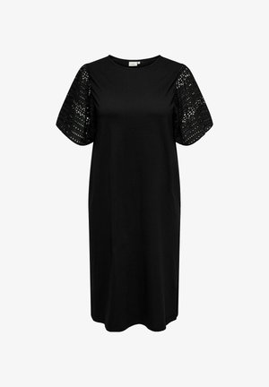 Black dress with short, puffed sleeves featuring a lace-like pattern. The body is a smooth fabric without embellishments or accents.