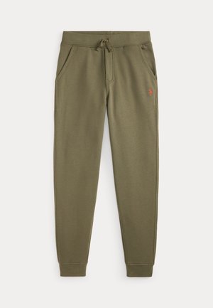 Olivgrüne Jogginghose mit Kordelzug in der Taille, Seitentaschen, Bündchen an den Knöcheln und kleinem roten gesticktem Logo am linken Oberschenkel.