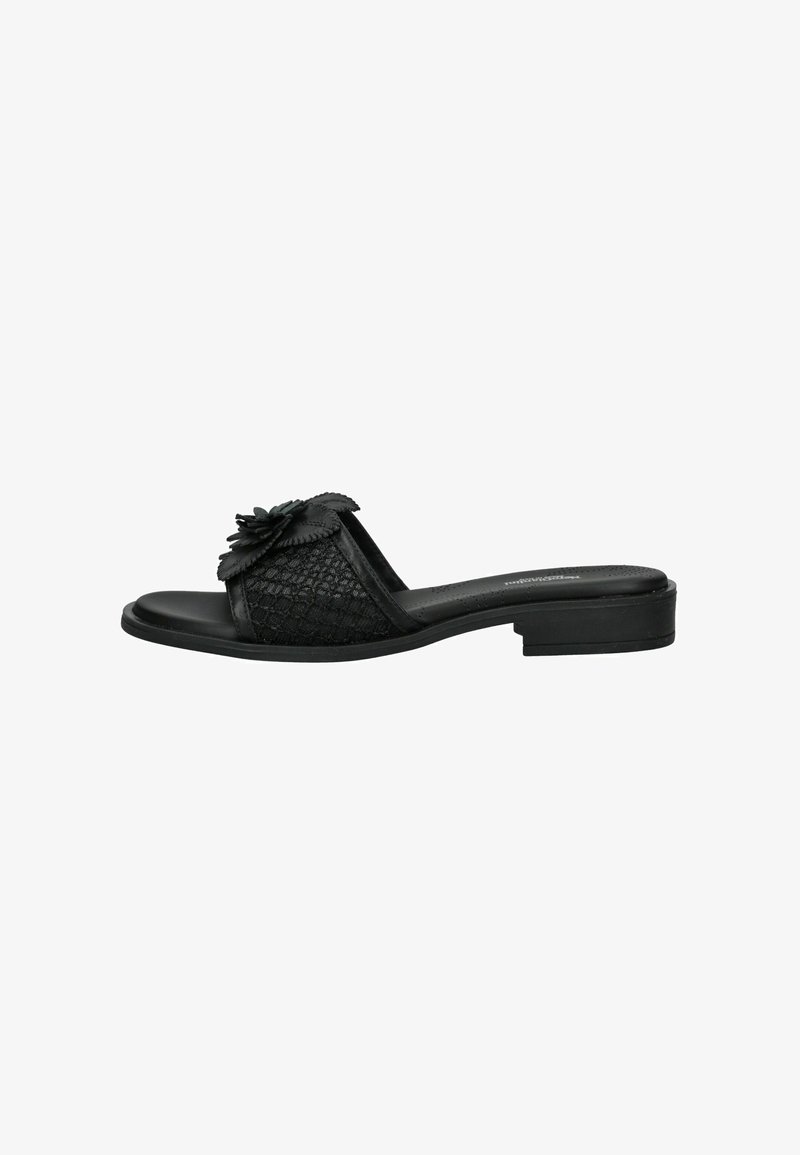 Sandale noire à bout ouvert avec un petit talon, une bande supérieure en mesh, et un détail décoratif en forme de fleur sur le dessus.