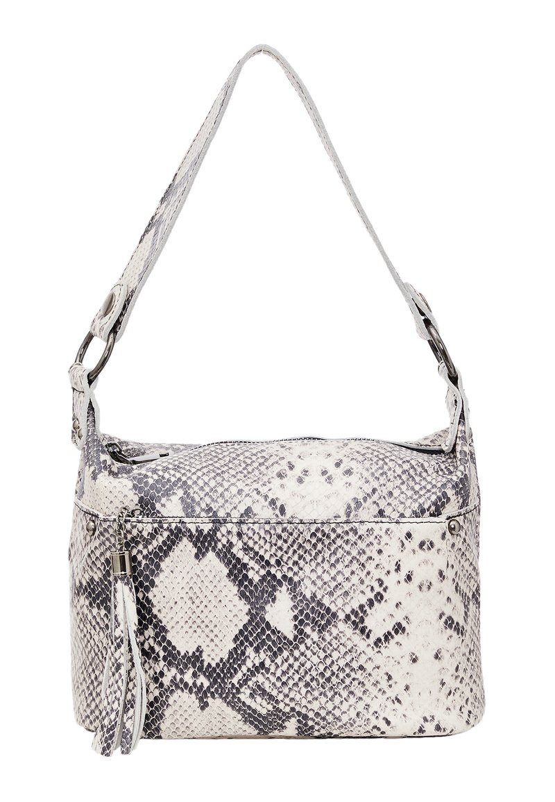 Handbag se vzorem hadí kůže v šedé a bílé kůži, s jedním nastavitelným popruhem, zipovým uzávěrem a dekoračním třásňovým detailem.