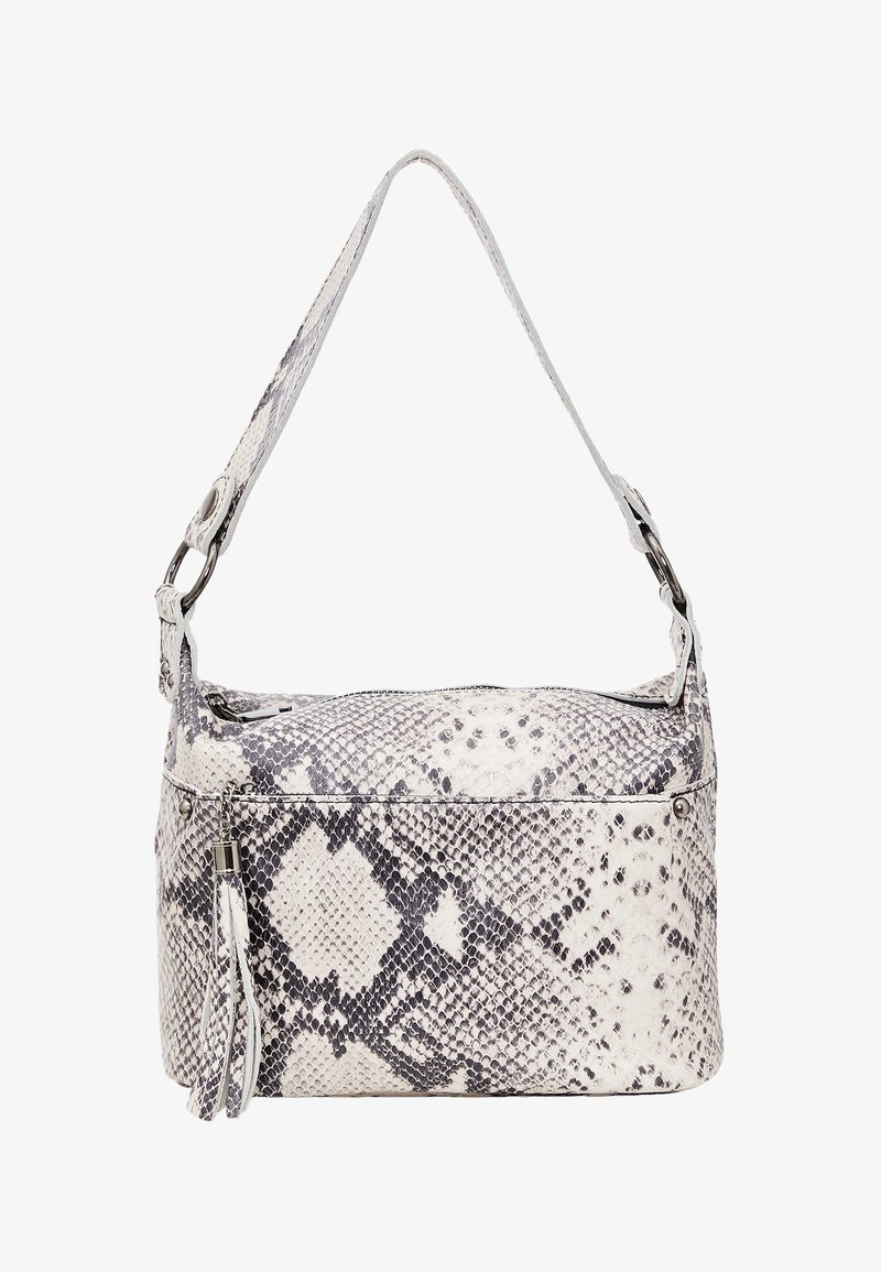 Handbag se vzorem hadí kůže v šedé a bílé kůži, s jedním nastavitelným popruhem, zipovým uzávěrem a dekoračním třásňovým detailem.