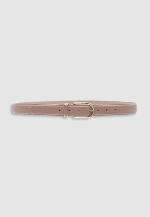 Light brown leather belt with a gold D-shaped buckle and multiple adjustment holes, shown flat on a gray background.