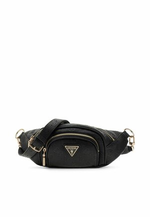 Sac banane en cuir noir Guess avec motif de logo embossé, poches zippées dorées, plaque métallique triangulaire du logo et sangle réglable.