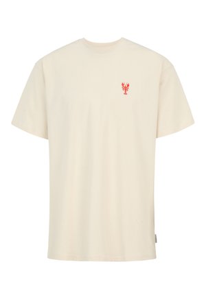 Cream-colored short-sleeve t-shirt with small red lobster graphic on the left chest and a tag on the lower side seam.