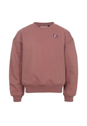 Roze sweatshirt met een ronde halslijn, ribgebreide manchetten en zoom, en een geborduurd logo op de borst. Zacht, gestructureerd materiaal met een relaxed fit.