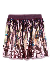 Sequined skirt in shades of purple and pink, featuring a stretchy waistband and layered sequins that reflect light, creating a shimmering effect.