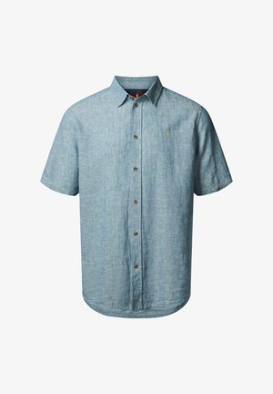 Košile s krátkým rukávem v světle modré barvě, vyrobená z texturované tkaniny, s kulatým lemem a hnědými knoflíky; malé logo na hrudi.