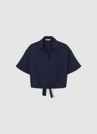 Chemise bleu marine à manches courtes avec boutons, col, poche avant et ourlet noué. Fabriquée dans un tissu lisse avec une coupe décontractée.