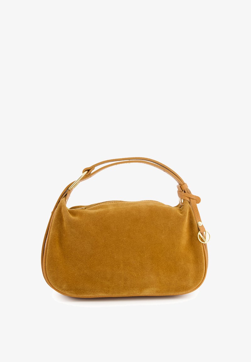 Sac en daim de couleur brun doré riche, forme arrondie, avec une poignée supérieure et un accent décoratif en métal doré. Texture lisse.