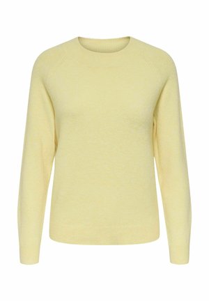 Jasnożółty dzianinowy sweter z okrągłym dekoltem, długimi rękawami raglanowymi oraz ściągaczami u dołu i przy rękawach. Miękka tekstura, brak widocznych wzorów lub akcentów.