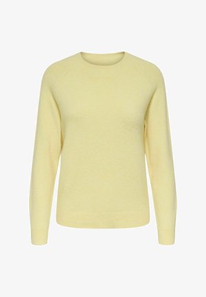 Helles gelbes Strickpullover mit rundem Hals, langen Raglanärmeln und geripptem Saum sowie Bündchen. Weiche Textur, keine sichtbaren Muster oder Akzente.