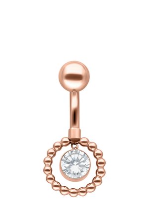Rose gold belly button ring with beaded circular frame and a single clear round gemstone dangling in the center.