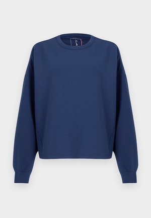 Navy blue sweatshirt, crew neckline, relaxed fit, long sleeves, soft cotton material, ribbed cuffs, and simple, unembellished design.